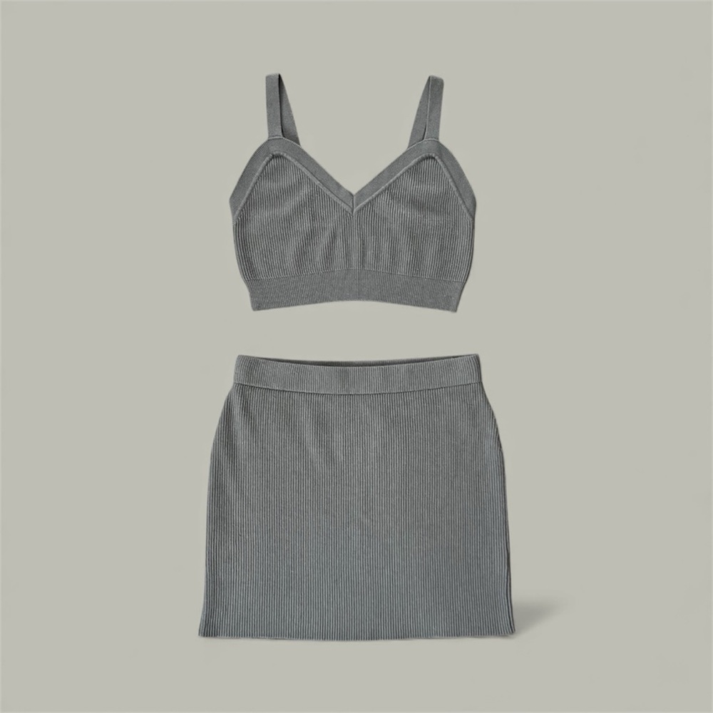 Wild Fable Taupe Gray Ribbed Knit Set Top & Skirt XS/S Matching Two-Piece